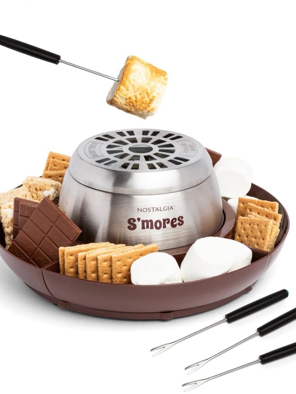Nostalgia Tabletop Indoor Electric S'mores Maker, Stainless Kit 4 Trays, Brown
